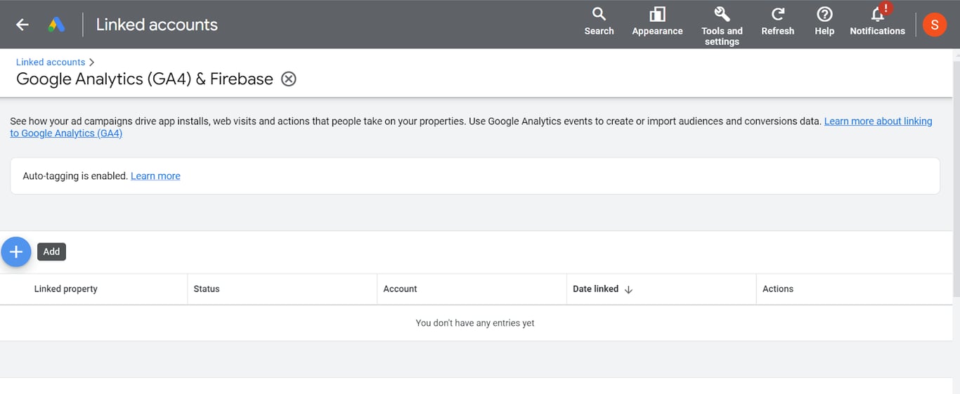 Google Ads linked accounts page showing Google Analytics (GA4) & Firebase integration with an option to add a linked property. i-shadow