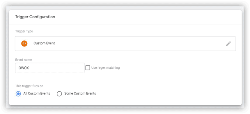 Google Tag Manager custom event trigger configuration screen with event name ‘OWOX’.