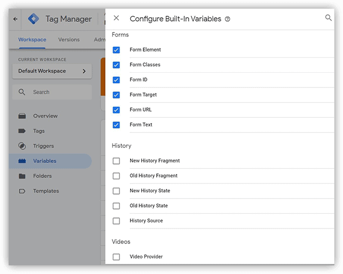 Google Tag Manager interface where built-in variables related to form tracking (like form ID and form text) are configured.