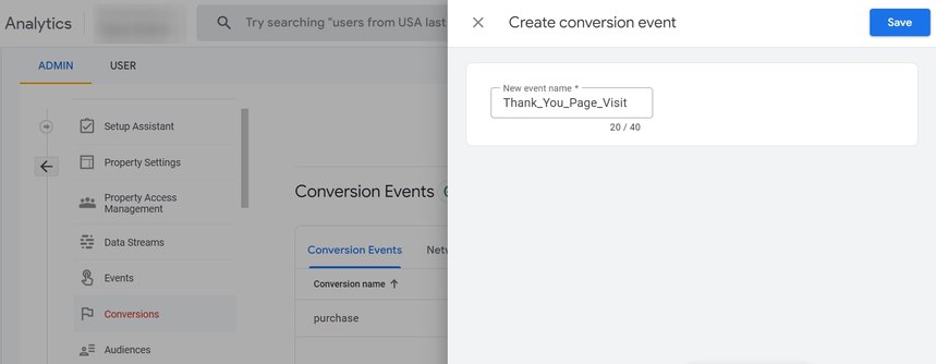 GA4 goal setup page for configuring a destination goal, with the URL condition set to trigger on a thank-you page..  i-shadow