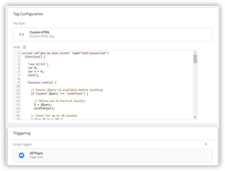 Tag Manager Custom HTML Tag configuration displaying JavaScript for page view event tracking with specified triggering conditions.