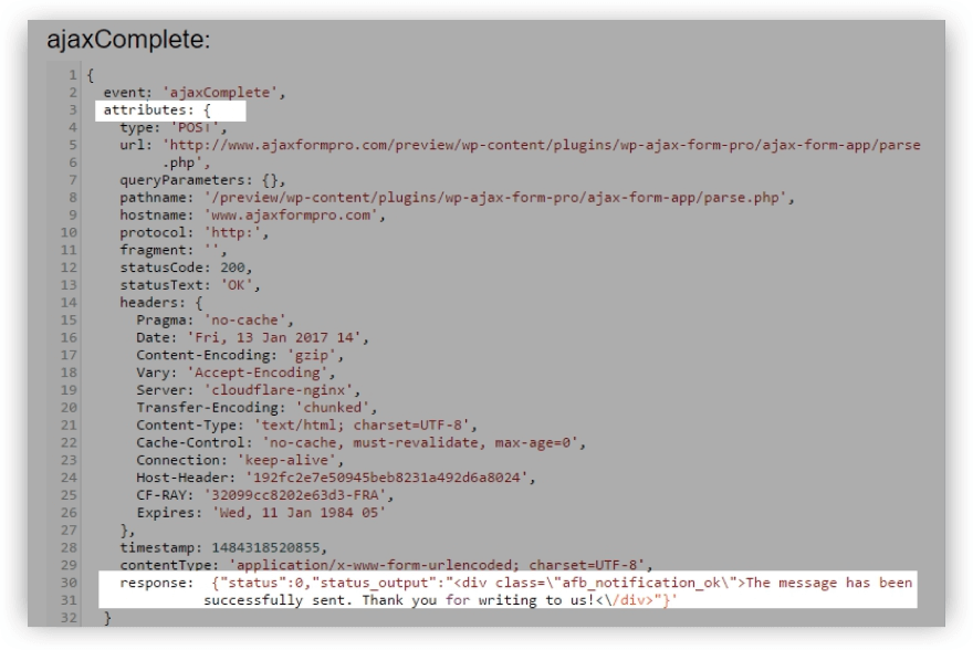 Tag Manager Data Layer with ajaxComplete event data showing detailed HTTP request parameters such as headers, status code, and timestamp.