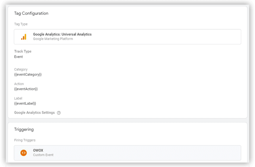 Google Tag Manager setup for tracking events in Google Analytics with parameters like eventCategory, eventAction, and eventLabel.