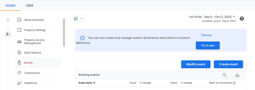 GA4 Admin interface showing the creation and management of custom dimensions and metrics for tracking events. i-shadow