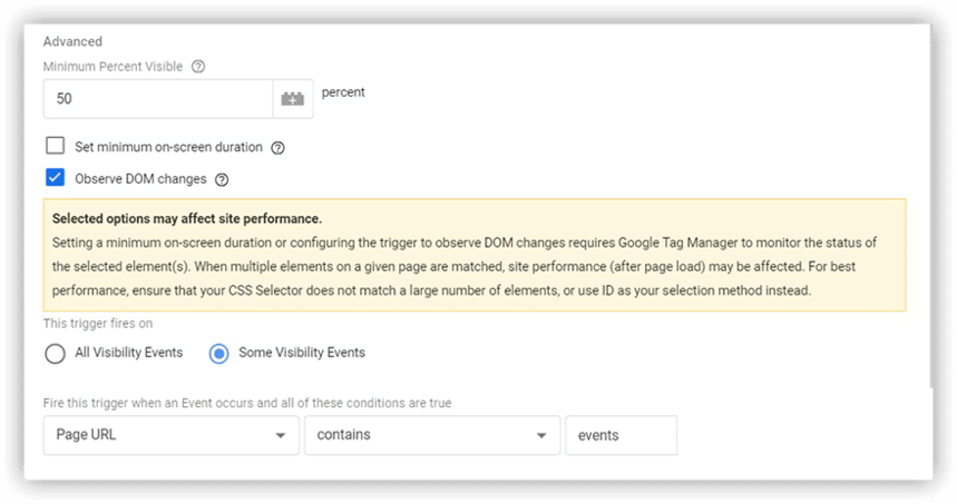 Tag Manager advanced settings for Element Visibility trigger with conditions to observe DOM changes and limit visibility to specific elements.