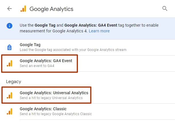 Google Analytics options for sending events to GA4 and Universal Analytics, with the GA4 Event highlighted.  i-shadow