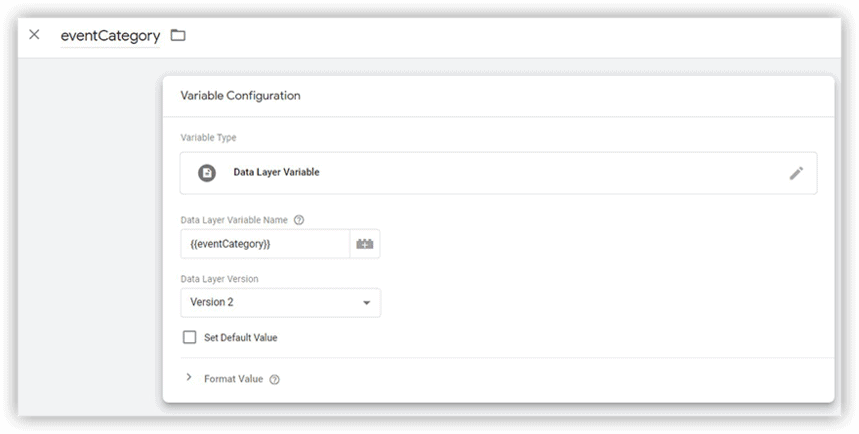 Google Tag Manager Data Layer variable configuration screen for the eventCategory variable.