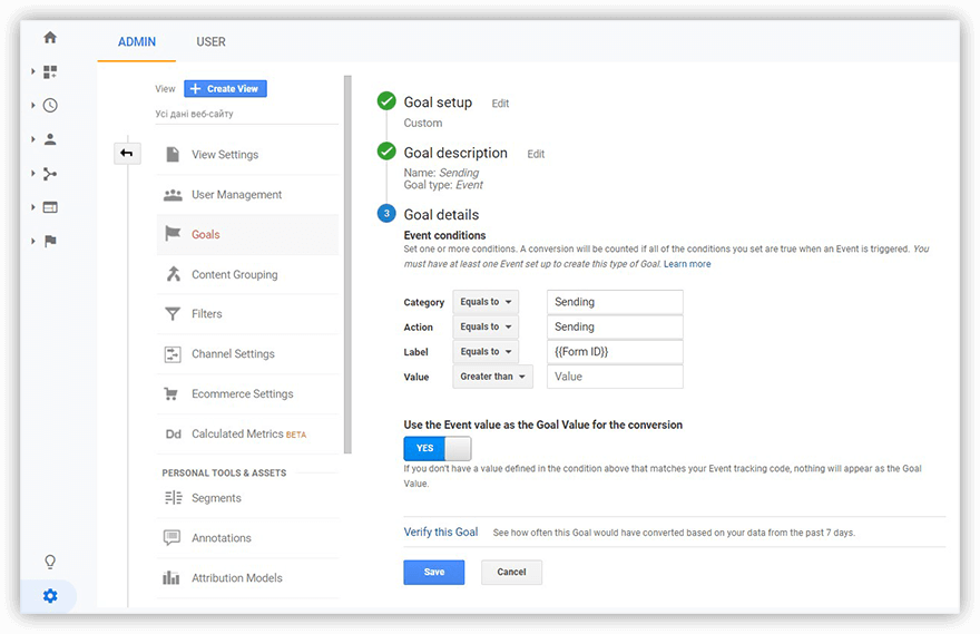Google Analytics goal setup for tracking form submissions as a custom event with category, action, and label details for goal conversion.