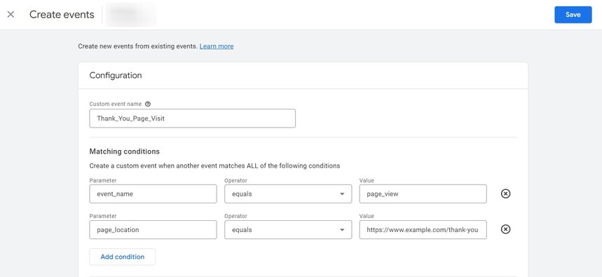 Configuring a custom event in GA4 with matching conditions such as event name and page location. i-shadow