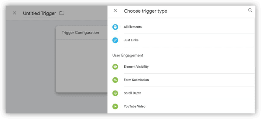 Google Tag Manager interface displaying available trigger types such as form submission and user engagement for event tracking.