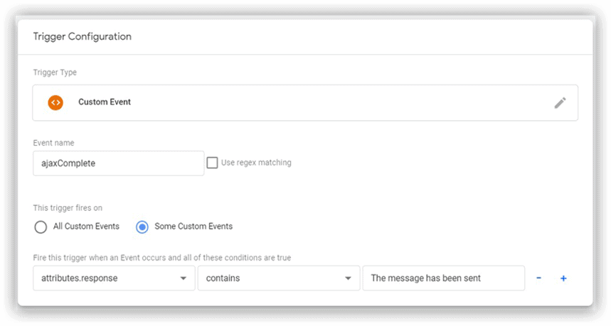 Google Tag Manager configuration for a custom event trigger with the condition “ajaxComplete” and specific attributes to track.