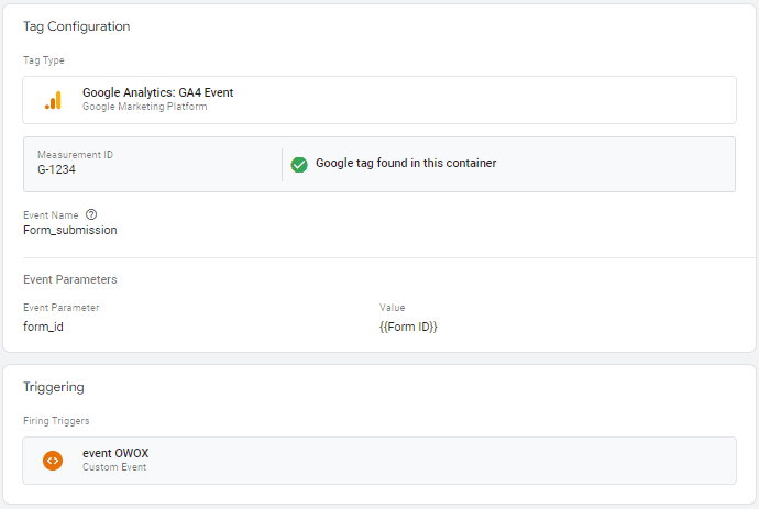 Google Tag Manager GA4 event configuration screen with event name and form ID parameters for form submission tracking.  i-shadow