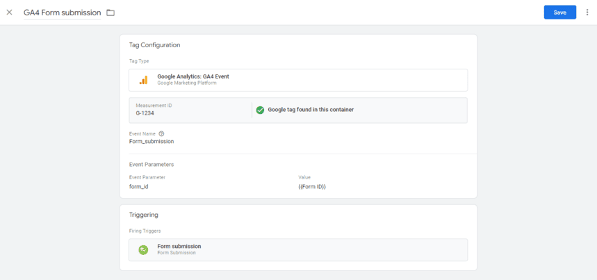 Google Tag Manager GA4 event tag configuration for form submissions, with event parameters including form ID.  i-shadow