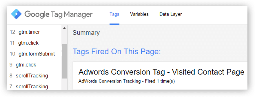 Google Tag Manager showing tags fired on the page, including the “Adwords Conversion Tag” for a visited contact page.