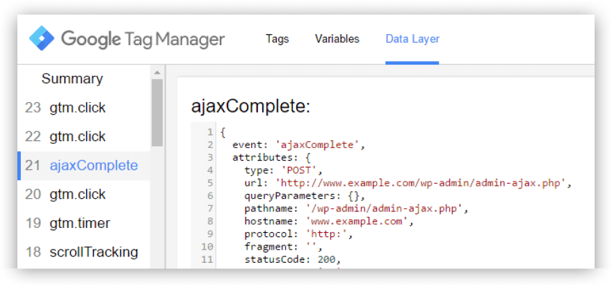 Tag Manager Data Layer showing ajaxComplete event with request attributes including URL, status code, and response details for tracking.
