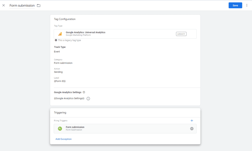 Google Tag Manager tag configuration for tracking form submissions using Universal Analytics, with category and action set to “Form submission” and label based on form ID.  i-shadow
