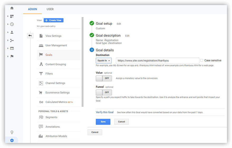 GA4 goal setup for creating a destination goal with URL conditions and conversion settings.