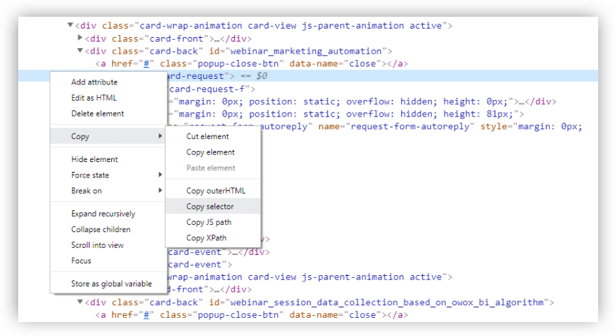 HTML inspection window showing context menu options for copying a specific element’s selector or XPath. 