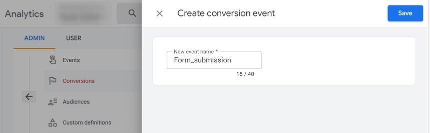 Google Analytics event creation screen for setting up a conversion event for form submission, with the event name “Form_submission.”  i-shadow