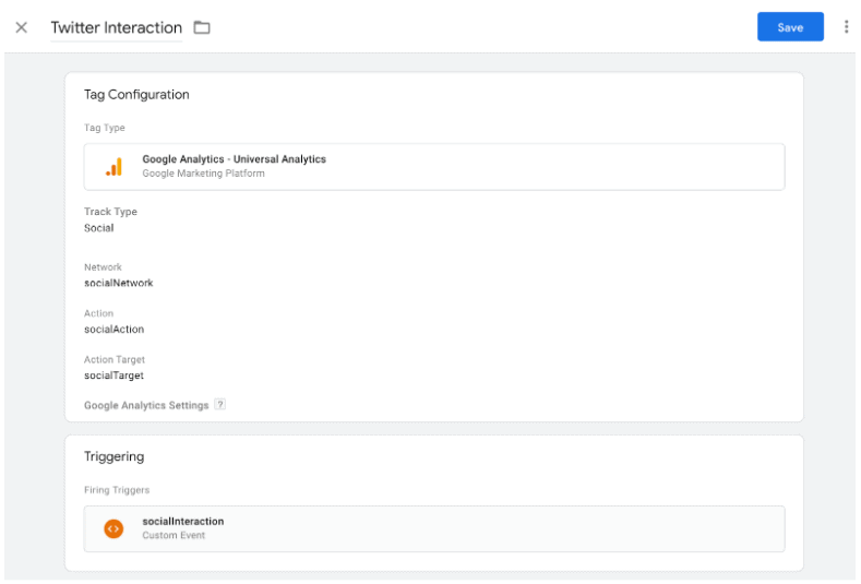 Google Tag Manager tag configuration for Twitter interaction tracking using social event variables. i-shadow