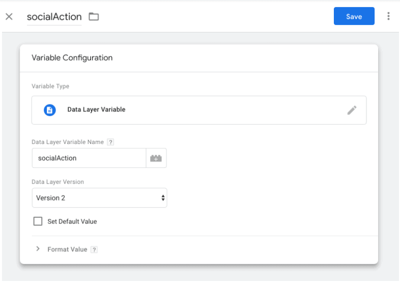 Google Tag Manager variable configuration for defining “socialAction” as a Data Layer Variable. i-shadow