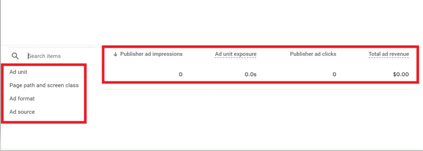 Publisher ads report in GA4 displaying ad unit impressions, exposure, clicks, and total ad revenue with ad-related dimensions. i-shadow