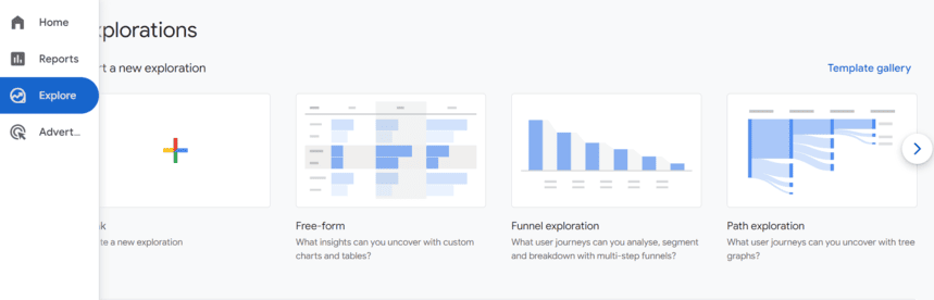 GA4 Explore section showcasing different analysis options including free-form, funnel exploration, and path exploration templates. i-shadow