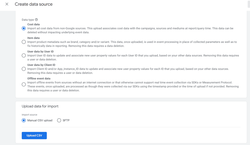Data Import creation screen in Google Analytics, offering options to upload cost data, item data, user data, and offline event data through manual CSV upload or SFTP. i-shadow