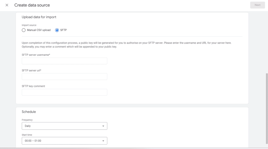 SFTP configuration settings for uploading data to Google Analytics, including server username, URL, and schedule for data imports. i-shadow