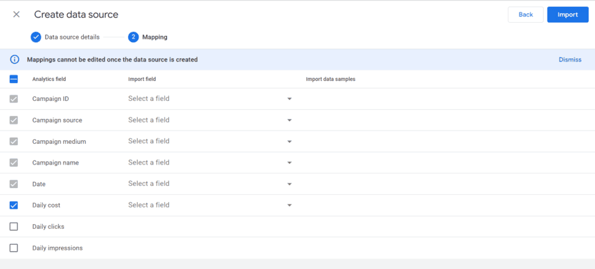 Mappings step in the data source creation process, selecting fields for importing cost data, including campaign-related fields like ID, source, and medium. i-shadow