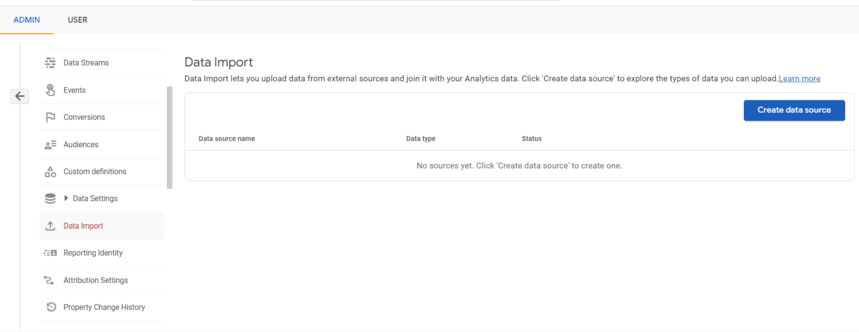 Google Analytics Data Import page where users can upload external data to join with Analytics data and create a new data source. i-shadow