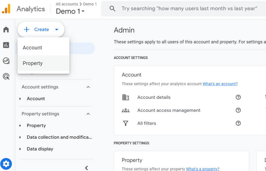 Admin panel in Google Analytics displaying account and property settings i-shadow