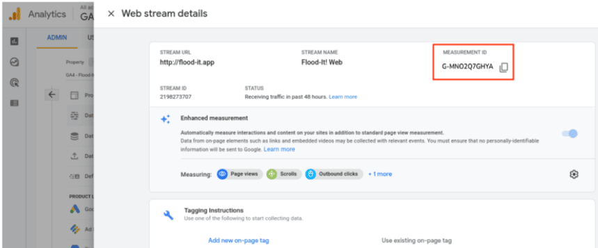 Summary of stream URL, name, status, and measurement ID for web analytics. i-shadow