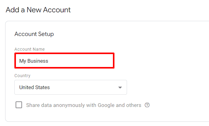 Form to enter account name and country for Google Analytics configuration. i-shadow