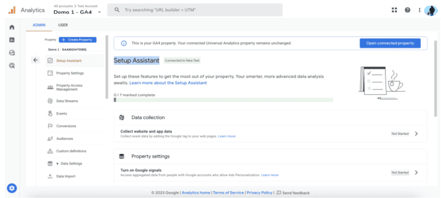 GA4 Setup Assistant connected with Universal Analytics property, showing property connection details. i-shadow
