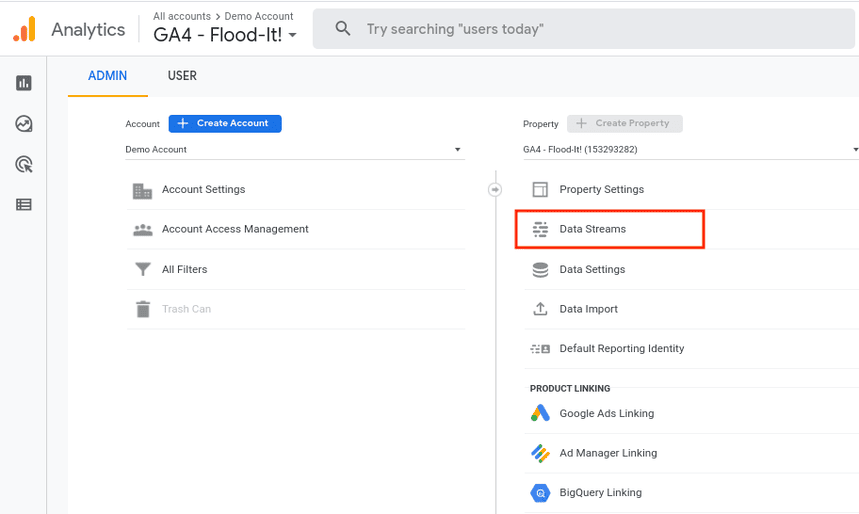 Accessing account settings with options for account creation and managing data streams. i-shadow
