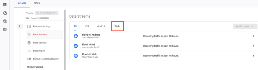 Displaying available data streams for web and mobile platforms in Google Analytics. i-shadow