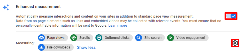  Enhanced measurement settings in Google Analytics with toggles for tracking page views, scrolls, outbound clicks, site search. etc. i-shadow