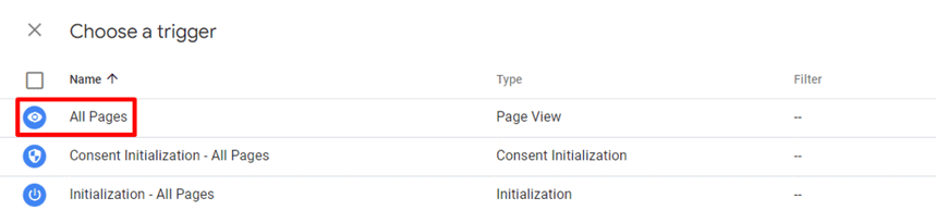 Google Tag Manager trigger configuration with “All Pages” selected as the trigger for firing a tag. i-shadow