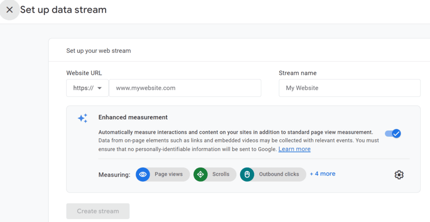 Input website URL and stream name for enhanced measurement configuration. i-shadow