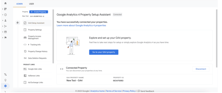 Google Analytics 4 Setup Assistant connected with a successfully linked Universal Analytics property. i-shadow