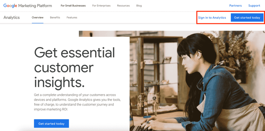 Introduction to Google Analytics with options to sign in or start today. i-shadow