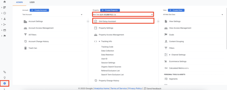 Google Analytics 4 (GA4) Setup Assistant section with “Create Property” highlighted, showing GA4 property setup steps.i-shadow