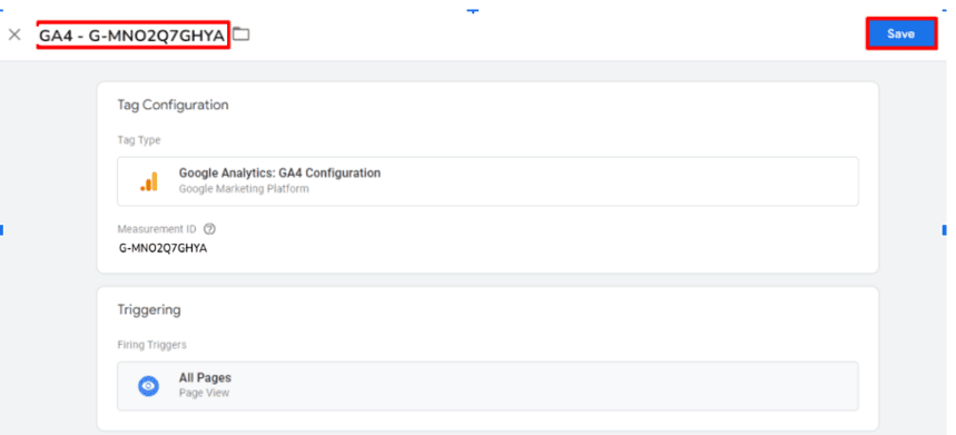 Google Tag Manager configuration page for GA4 with a tag for “Google Analytics: GA4 Configuration” and triggering set for “All Pages.” i-shadow