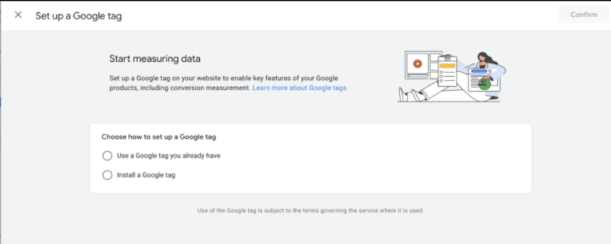 Setup a Google tag with options to use an existing Google tag or install a new one. i-shadow