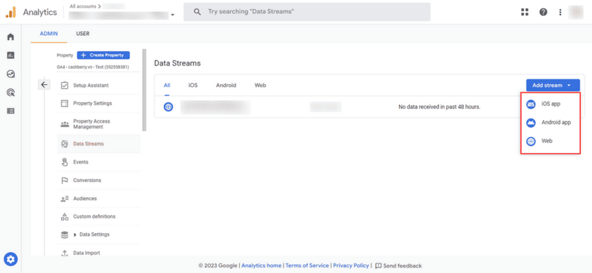 Google Analytics Admin page showing how to create a new data stream for a website, including the option for setting up a web stream. i-shadow