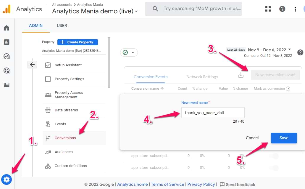 Creating a new event in Google Analytics 4 (GA4) including event name input and conversion settings. i-shadow