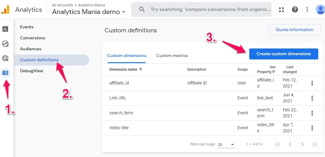 Google Analytics Custom Definitions page allowing users to create and manage custom dimensions and metrics for tracking specific events. i-shadow