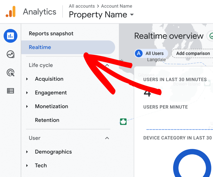 “Real-time” tab in Google Analytics showing live user activity and recent engagement data. i-shadow