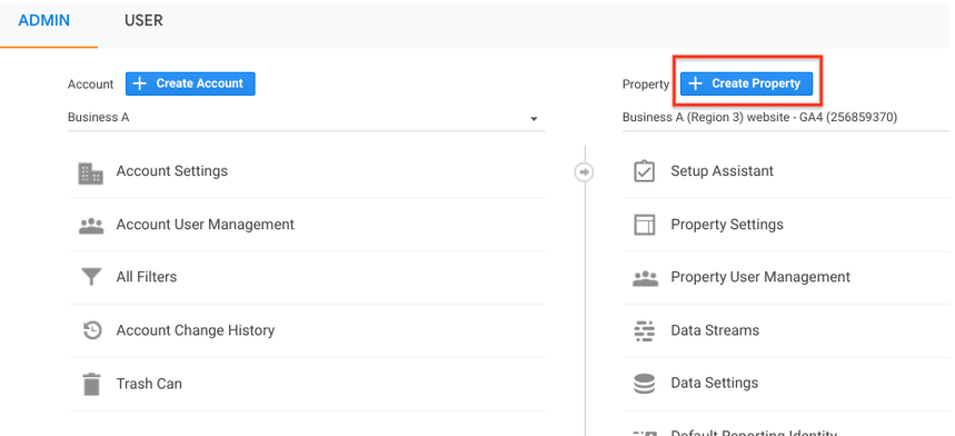 Google Analytics Admin page showing how to create a new property and tracking ID for a website in the “Property Settings” section. i-shadow